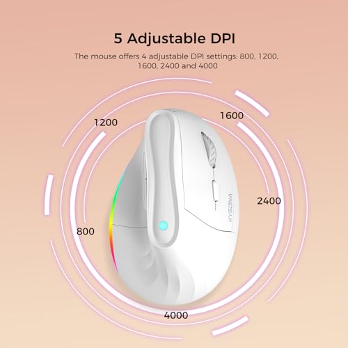 KYSONA 57° Wireless Ergonomic Mouse, Vertical Mouse, Carpal Tunnel Mouse, RGB Light, Rechargeable, Bluetooth & 2.4G, 5-Level DPI Adjustment, Quiet Click Ergo Mice Compatible with PC/Laptop/Mac, White - color: RGB Light in White