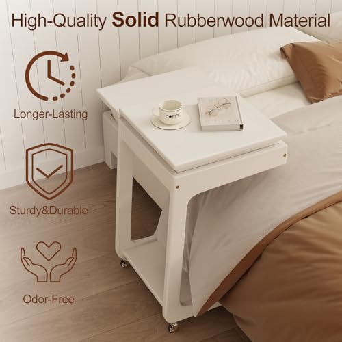 Solid Wood C Shaped End Table for Couch,White C Table with Wheels,Rolling Side Table with Storage,Couch Desk with Adjustable Desktop,Rolling Tv Tray with Folding Shelf,Modern Couch Table - color: White