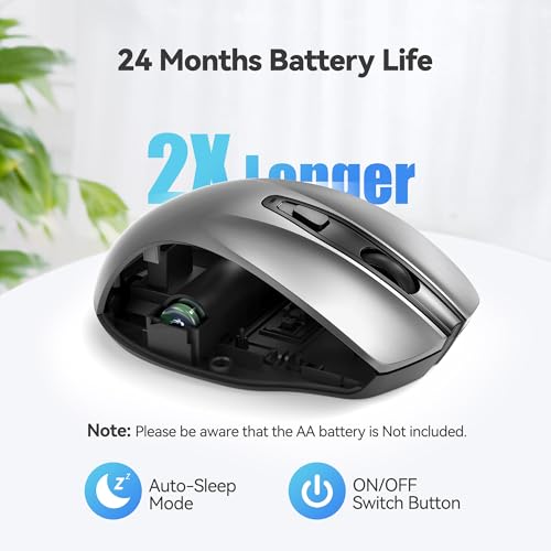 TECKNET Wireless Mouse, 2.4G Ergonomic Computer Mouse, 2600 DPI, Silver | Ergonomic Design with Side Grips, Adjustable DPI, 2-Year Battery, Compact Size, USB-A Plug & Play, Wide OS Compatibility - color: Silver