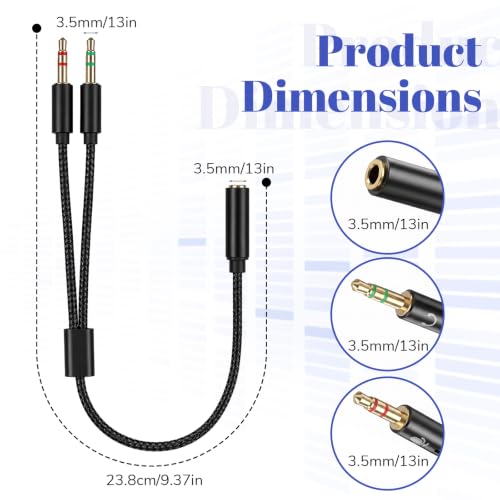 3.5mm Female to 2 Dual Male 3.5mm Audio Splitter, 2-in-1 Y Separator | 3.5 mm Aux Jack Cable 1 in 2 out, Headphone Mic Splitter for PC, Headset Jack Adapter Cable Dongle Cord for Phone, Laptop