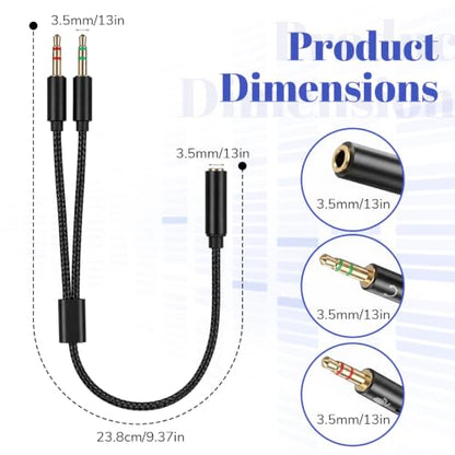 3.5mm Female to 2 Dual Male 3.5mm Audio Splitter, 2-in-1 Y Separator | 3.5 mm Aux Jack Cable 1 in 2 out, Headphone Mic Splitter for PC, Headset Jack Adapter Cable Dongle Cord for Phone, Laptop