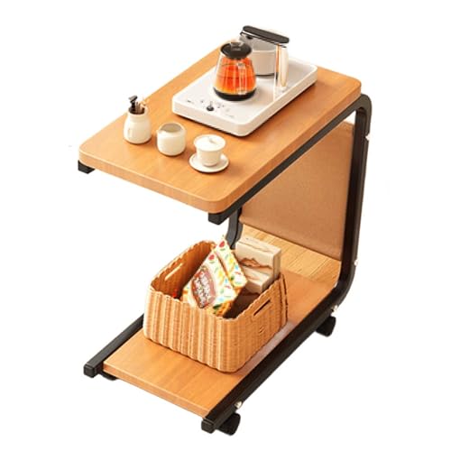 Over Bed Table with Wheels Movable Sofa Side Table with Storage Pockets Space-Saving C-Shaped Side Table with Solid Wood Tabletop for Living Room, Bedroom(Brass) - color: Brass