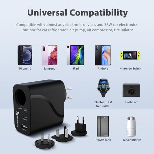 RoyPow AC to DC Converter, 110V/120V to12V Converter, 36W USB C Charger with Car Cigarette Lighter Socket, 3-Ports Wall Charger 18W PD3.0 Travel Plug 110V/120V to 12V/3A Power Adapter for iPhone, iPad - size: 12V/3A