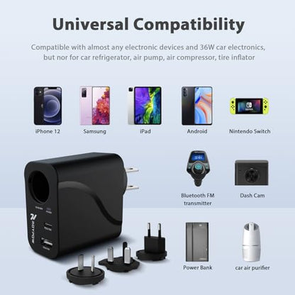 RoyPow AC to DC Converter, 110V/120V to12V Converter, 36W USB C Charger with Car Cigarette Lighter Socket, 3-Ports Wall Charger 18W PD3.0 Travel Plug 110V/120V to 12V/3A Power Adapter for iPhone, iPad - size: 12V/3A