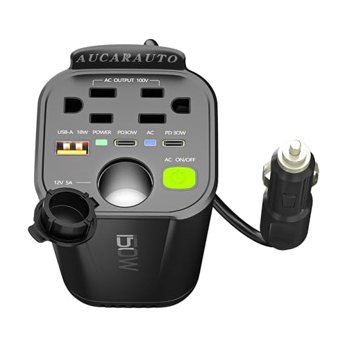 150W Power Inverter 6 in 1 DC 12V to 110V AC Inverter with 60W Dual USB-C and 18W USB-Fast Charger & 2 AC Outlets, Car Pluɡ Adapter Outlet for Laptop/Phone/GPS | Cup Holder Design for Travel - size: 150W