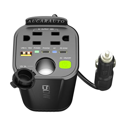 150W Power Inverter 6 in 1 DC 12V to 110V AC Inverter with 60W Dual USB-C and 18W USB-Fast Charger & 2 AC Outlets, Car Pluɡ Adapter Outlet for Laptop/Phone/GPS | Cup Holder Design for Travel - size: 150W