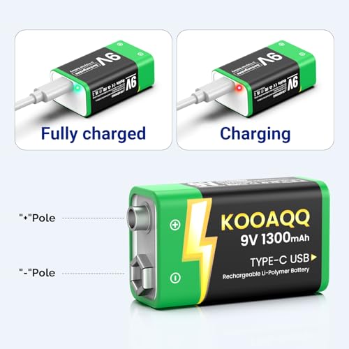 6-Pack Rechargeable 9v Batteries, USB-C Recharge 1300mAh 9 Volt Lithium-ion Long Lasting Power for SmokAlarms, Microphones, Multimeters, Walkie-Talkie, Metal Detector, Toys, with 2 in 1 Charging Cable - size: 6-Pack