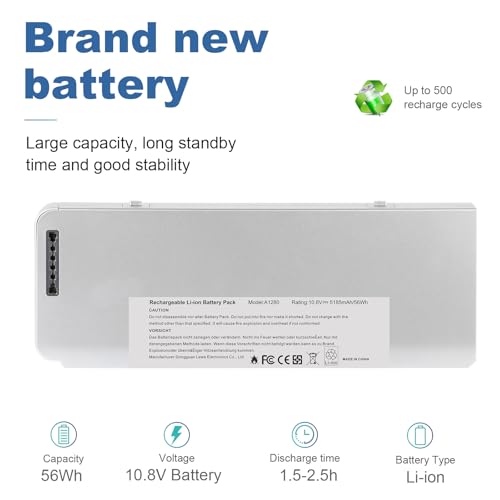 TREE.NB 56Wh A1280 Laptop Battery for Apple A1280 A1278 (2008 Version) MacBook 13-Inch Series, Compabiel for MB771G/A MB467LL/A MB466LL/A - size: 8.23x3.07x0.79inch A1280