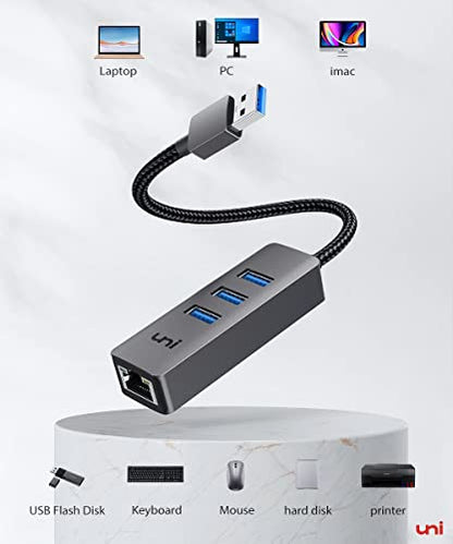 uni USB to Ethernet Adapter, USB 3.0 Hub with 100/1000 Mbps RJ45 Ethernet | Driver Free,Sturdy Aluminum 4-in-1, USB-A to LAN Network Adapter, 1Gbps, Compatible with iMac, PC, Chromebook Laptops