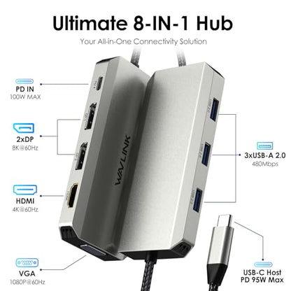 WAVLINK Laptop Docking Station, Quad Monitors, Dual DisplayPort, HDMI, VGA | Single 8K@60Hz, 100W PD in,3×USB-A for wireless devices, Compatible with Dell/HP/Lenovo, Windows Only