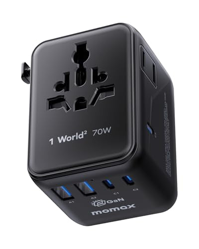 MOMAX Mini 7-in-1 Universal Travel Adapter, GaN 70W Dual AC, 3 USB-C PD & 2 USB-A QC, International Power Charger for 200+ Countries – Compact Travel Adapter for Laptop, Phone, UK/AUS/EU/JP Plug - color: Black, size: 70W
