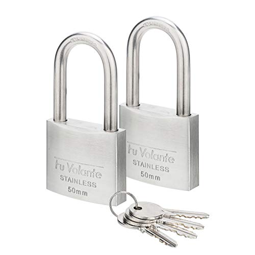 Stainless Steel Pin Tumbler Padlock, 304 Marine Series, Weatherproof Padlock for Outdoor use, 2 inch Wide Body, Keyed Alike Locks- Stainless Steel Body & Long Shackle-2 Pack - color: FUPS250L