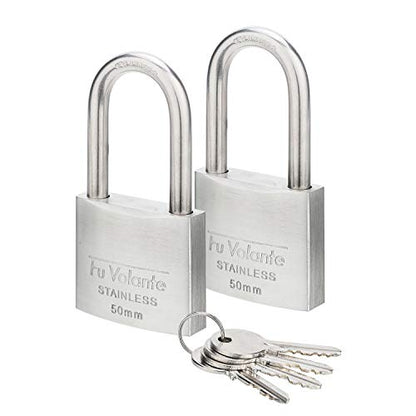 Stainless Steel Pin Tumbler Padlock, 304 Marine Series, Weatherproof Padlock for Outdoor use, 2 inch Wide Body, Keyed Alike Locks- Stainless Steel Body & Long Shackle-2 Pack - color: FUPS250L