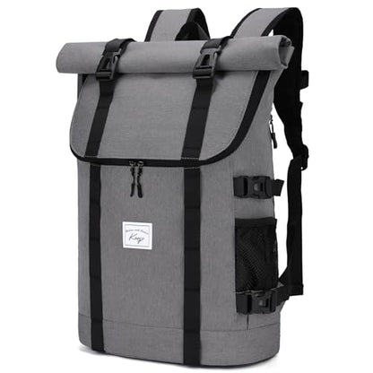 Kasqo Rolltop Backpack, Water-Resistant Backpack with Laptop Compartment for 15.6 Inch Computer Men Women 26L-33L Daypack - color: Light Grey