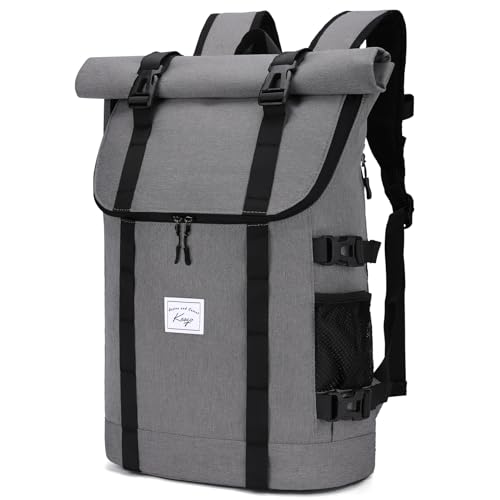 Kasqo Rolltop Backpack, Water-Resistant Backpack with Laptop Compartment for 15.6 Inch Computer Men Women 26L-33L Daypack - color: Light Grey