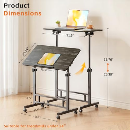 Furist Small Standing Desk Adjustable Height 32 Inch Mobile Sit Stand up Desk Portable Rolling with Wheels Standing for Walking pad Treadmill Black - color: Black Wood Grain
