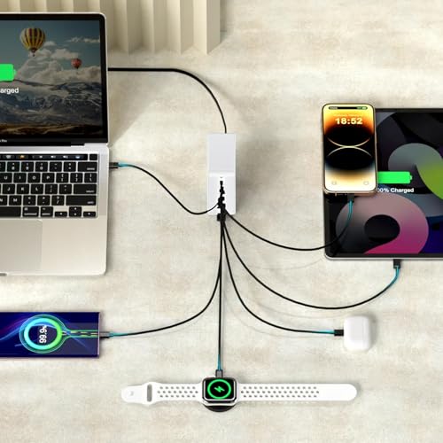 USB C Charger Station 200W PD QC3.0 GaN Fast Charging Block 7 Port (White) | Compatible with Laptop MacBook Pro/Air, iPad, iPhone 17/16/15 Pro/Air Mini, Galaxy S23/22, DELL, Steam Deck - color: white