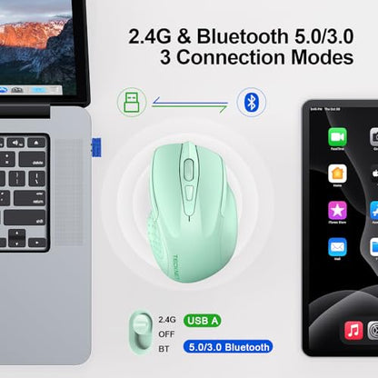 TECKNET Wireless Mouse (2.4G & BT5.0/3.0) Silent 4800 DPI Computer USB A & Bluetooth Mouse 6 Buttons, Wide Compatibility - Green - color: Green