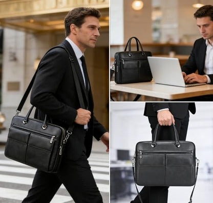 Leather Laptop Bag for Men Briefcase Fits 15.6 Inch Notebook Portable Shoulder Messenger Crossbody Bag for Travel Office - color: 821-black
