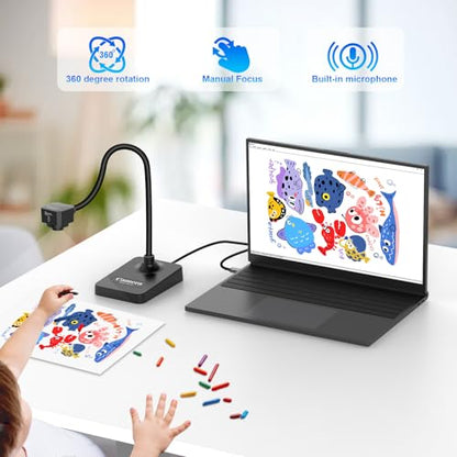 AlKOR USB Document Camera for Teaching & Distance Learning,Manual Focus Webcam with Mic, Foldable Design for Mac OS/Windows/Chromebook-Online Classes, Web Conferencing & Live Demos,Remote Work