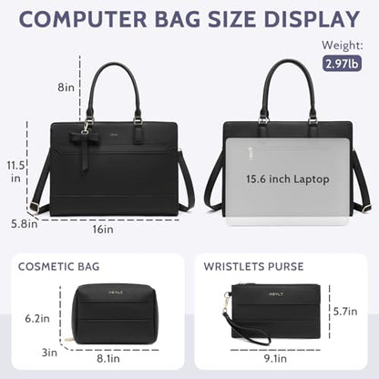 Keyli 3pcs Laptop Bag for Women 15.6 Inch Leather Work Tote Bags Professional Business Office Computer Shoulder Briefcase - color: 3pcs-black