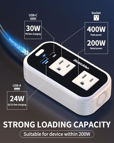 200W Car Power Inverter, Blubluman DC 12V to 110V AC Car Plug Adapter Outlet with 30W PD Charger, QC3.0 Fast Charger 24W, Power Inverter for Vehicles, Outlet for Laptop Computer Charger