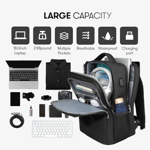 Travel Laptop Backpack, Business Sturdy Laptops Backpack with USB Charging Port, Water Resistant Computer Bag Gift for Men & Women Fits 18.5 Inch Notebook, Black