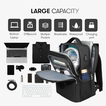Travel Laptop Backpack, Business Sturdy Laptops Backpack with USB Charging Port, Water Resistant Computer Bag Gift for Men & Women Fits 18.5 Inch Notebook, Black