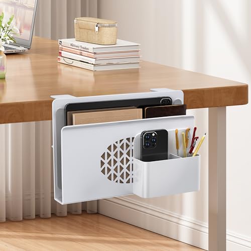 Desk Side Storage, Metal Laptop Holder with Magnetic Pen Box, Clamp-On Under Desk Organizer with Cooling Holes & Anti-Scratch Pads for Office and Home (White) - color: White