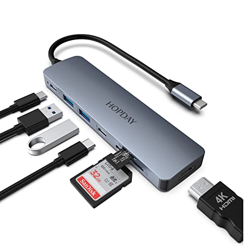 USB C Hub 7 in 1 HOPDAY USB C Adapter, USB C to HDMI Dual Monitor for MacBook Pro/Air,HP,Dell,Surface, Multiport USB C Docking Station (4K HDMI,100W PD,2 USB A 3.0,USB C 3.0,SD/TF Card Reader)