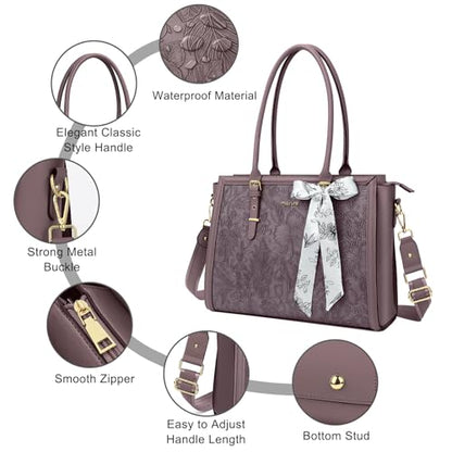 MOSISO Laptop Bag for Women, 15.6-16 inch PU Leather Tote Bag | Compatible with MacBook, HP,Dell,Asus, Front Embossed Retro Hibiscus Computer Bags with Silk Scarf&Clutch Purse, Slate Purple - color: Slate Purple, size: 16 inch