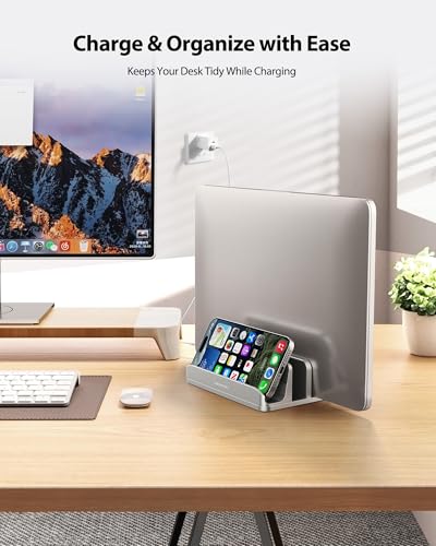 AboveTEK Vertical Laptop Stand, 3 Slots Aluminum Desk Laptop Holder & Laptop Docking Station Stand for MacBook, Tablet, Phone - Universal Fit (Up to 17.3") - Heavy Duty Polished, Anti Slide - Silver - color: Silver
