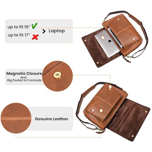 Genuine Leather Messenger Bag-16'' Satchel Shoulder Bag for Men & Women, Crossbody Work Bag for Travel, Office, and Daily Use - color: Tan