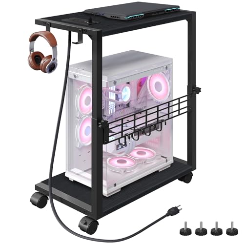 PC Stand, Height Adjustable Computer Tower Stand, 19.7"-31.5" H, Computer Cart with Charging Station, Wheels and Hooks, CPU Holder for Floor, Carpet and Under Desk, Easy Assembly, Black - color: Black