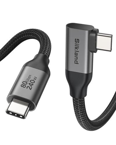 Silkland 80Gbps Right Angle USB 4 Cable for Thunderbolt 5 Cable 4FT, 120Gbps Bandwidth for 16K/Dual 8K, 240W, 90 Degree Braided USB C Video Cable Compatible Thunderbolt 4/5, MacBook M4 Pro,Dock - size: 4FT