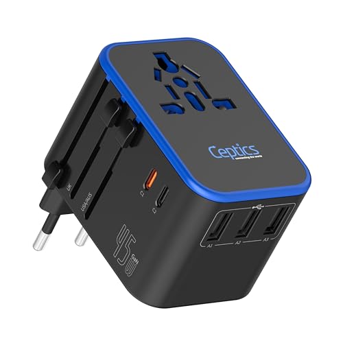 Ceptics Universal Travel Adapter, 45W International Power Adapter with PD & QC 3.0 Dual USB-C, 3 USB Travel Adapter Worldwide, Type I C G A Outlets - EU Euro US UK (11-KU) - color: Black