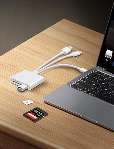 SD Card Reader for iPhone iPad Laptop 3-in-1 Connectors Memory Card Adapter with Dual Slots & USB Port Trail Game Camera Viewer for iPhone Mac MacBook Android Laptop White - size: Three USB-C Lightening USB-A plugs