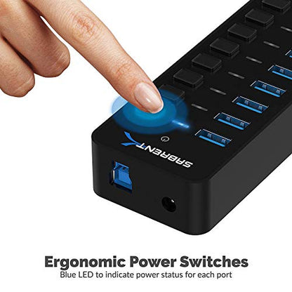 SABRENT 10-Port USB 3.0 Hub, Individual Power Switches and LEDs, 3 Smart Charging Ports, 60W Power Adapter, for PC, Mac, Xbox, PS5, Laptop, Desktop, USB Devices (HB-B7C3) - size: 10-Port - 7 USB 3.0 + 3 Charging