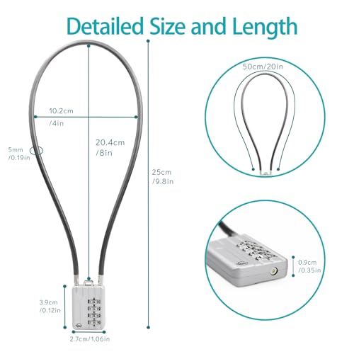 50CM/20in Long Cable Lock - 4-Digit Combination Lock, Re-settable Combination, Security Cable Lock for Luggage, Suitcase, Gun, Helmet - Silver, 1-Pack - size: 50cm (20 inch) Cable