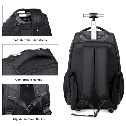 Rolling Backpack, 17 inch Laptop Backpack with Wheels Combination Lock, Carry on Luggage Business Bag, Travel Roller Backpack