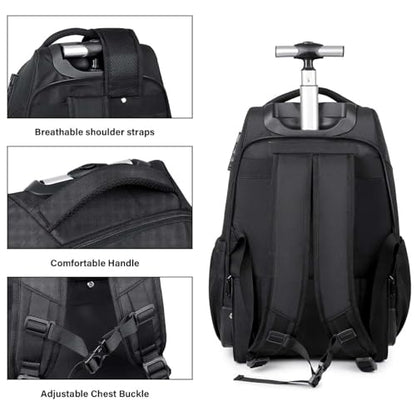 Rolling Backpack, 17 inch Laptop Backpack with Wheels Combination Lock, Carry on Luggage Business Bag, Travel Roller Backpack