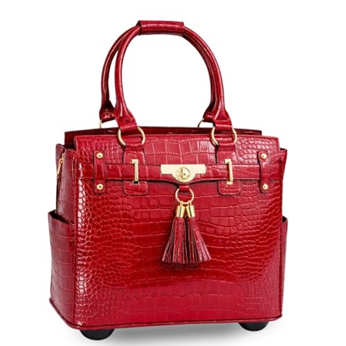 JKM & Company Rolling Laptop Bag for Women | Designer Wheeled Briefcase | Fits 13-17" Laptops | Office Travel Computer Case - color: Victoria (Red Patent)