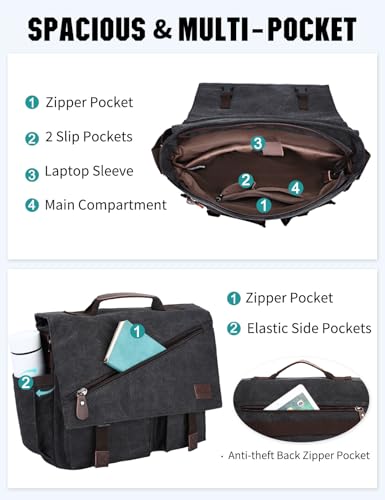 Messenger Bag for Men,Water Resistant Canvas Satchel 14 15.6 17 Inch Laptop Briefcases Business Shoulder Bag by RAVUO - color: 17 Inch-black
