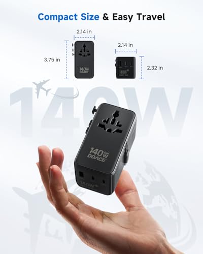 DOACE 140W GaN Universal Travel Adapter with USB-C Cable | 6-in-1 Design, USB-C PD Fast Charging, EU/UK/US/AU Plug Support, Worldwide Compatibility - color: Obsidian Black