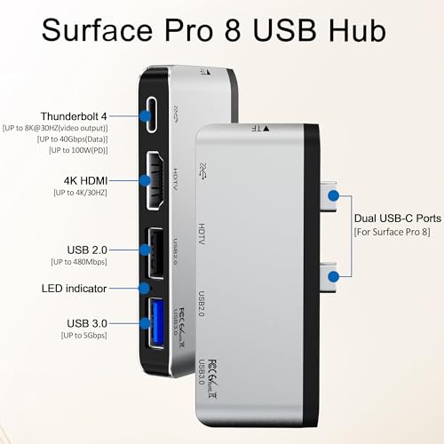 Surface Pro 8 Docking Station USB C Hub with Thunderbolt 4 (40Gbps Data+8K Display+100W PD), 4K HDMI, USB 3.0/2.0, TF Card Slot, Triple Display USB-C Adapter for Surface Pro8 Home Office
