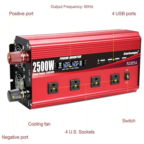 Cantonape 2500W Power Inverter 12V to 110V/120V DC to AC with LCD Display, Remote Controller 4 x AC Outlets and 4 x 3.1A USB Car Adapter for Car Truck Boat RV Solar System - size: 2500W-12V