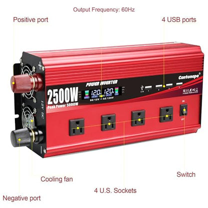 Cantonape 2500W Power Inverter 12V to 110V/120V DC to AC with LCD Display, Remote Controller 4 x AC Outlets and 4 x 3.1A USB Car Adapter for Car Truck Boat RV Solar System - size: 2500W-12V