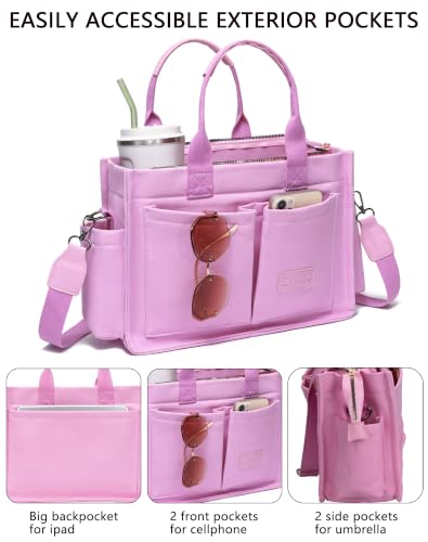 Canvas Tote Bag for Women,Women's Bags Crossbody Bags Work Laptop Tote Bag Large Handbags Purse for Travel Nurse Teacher - color: New Upgrade Plus Pink With Compartments and Inner Cup Holders