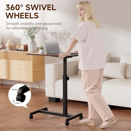 GTPLAYER Small Standing Desk, 24 Inches Foldable Mobile Rolling Laptop PC Table with Lockable Casters, Adjustable Height Overbed Bedside Table Computer Workstation for Home Office, Dark Brown-Foldable - color: Dark Brown-foldable