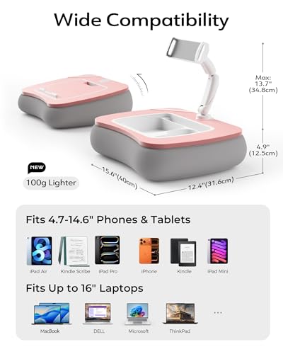 LULULOOK 2-in-1 Lap Desk & Kindle Pillow Stand, Laptop Desk Holder with Beanbag Cushion & Foldable Arm for 14" Laptop,iPad, Phone, 4.7-14.6" Tablet & Kindle Reading in Bed - color: Pink